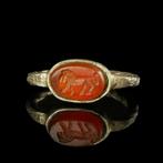 Oud-Romeins Zilver Ring met carneool leeuw intaglio, Antiek en Kunst