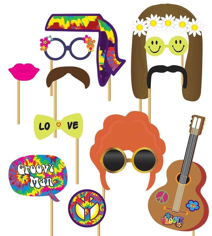 Photo booth set Hippie 12 stuks, Hobby en Vrije tijd, Feestartikelen, Nieuw, Ophalen of Verzenden