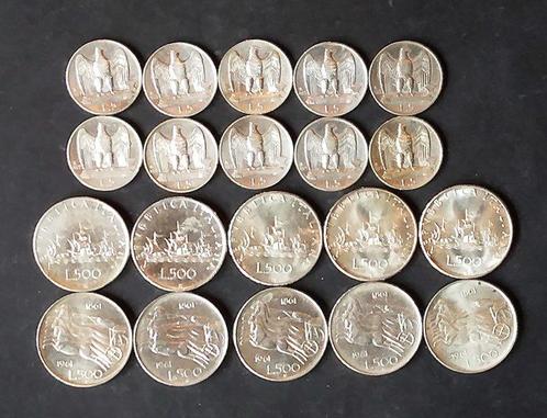 Italië. Lotto 20 argenti (5 Lire Aquilotto + 500 Lire), Postzegels en Munten, Munten | Europa | Niet-Euromunten