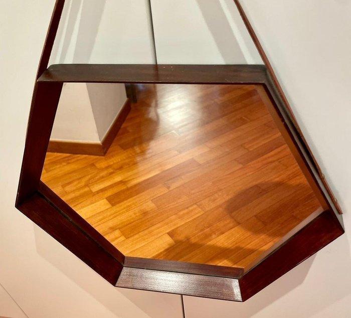 Wandspiegel - Teak - Hexagonale lijst van donker hout en, Antiek en Kunst, Kunst | Designobjecten