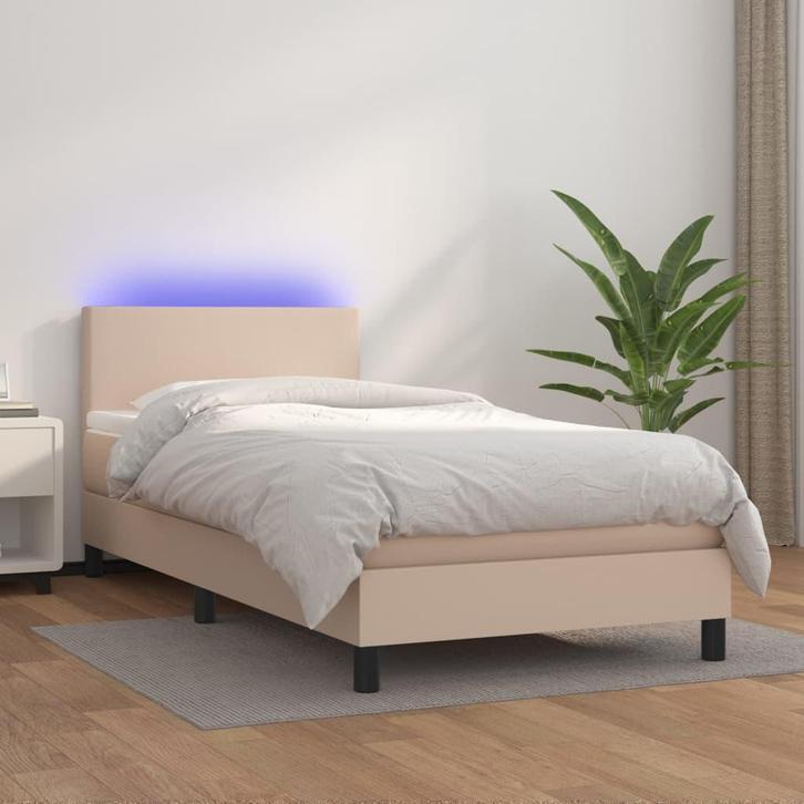 vidaXL Boxspring met matras en LED kunstleer cappuccinokleur, Huis en Inrichting, Slaapkamer | Bedden, 100 cm, 200 cm, Bruin, Eenpersoons