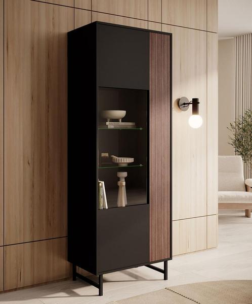 Vitrinekast - Mat zwart - Eiken - 70x41x190 - Glazen kast, Huis en Inrichting, Kasten | Vitrinekasten, 25 tot 50 cm, Nieuw, 150 tot 200 cm