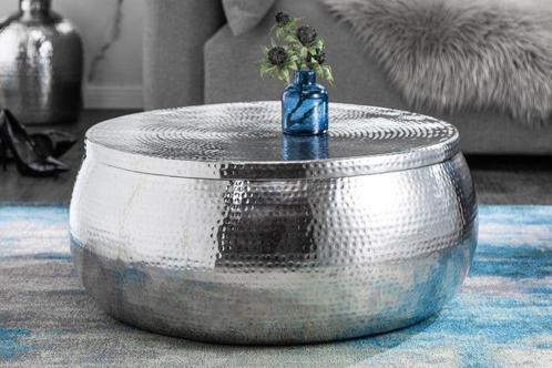 Ronde salontafel ORIENT STORAGE 70cm zilver metaal met, Huis en Inrichting, Tafels | Salontafels, Ophalen of Verzenden