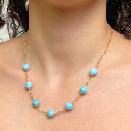 Halsketting met 7 larimar-ruiten, bloemvormige schaaltjes,, Verzamelen, Mineralen en Fossielen