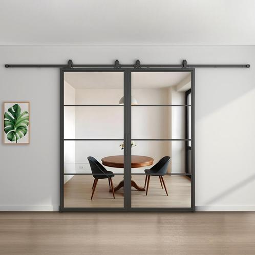 Dubbele stalen schuifdeur - 4 Vlaks - Helder glas, Doe-het-zelf en Verbouw, Kozijnen en Schuifpuien, Inclusief glas, Nieuw, Metaal