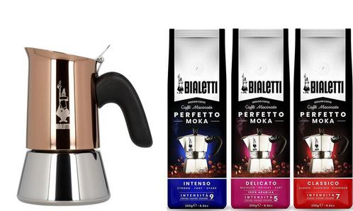 Bialetti Venus Copper 2 kops + koffiepakket 3x250gr, Witgoed en Apparatuur, Koffiezetapparaten, 2 tot 4 kopjes, Nieuw, Koffiebonen
