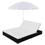 Loungebed met parasol poly rattan zwart, Nieuw, Verzenden