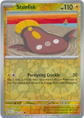 Stunfisk 064/191 reverse holo surging sparks, Hobby en Vrije tijd, Verzamelkaartspellen | Pokémon, Losse kaart, Nieuw, Foil, Ophalen of Verzenden