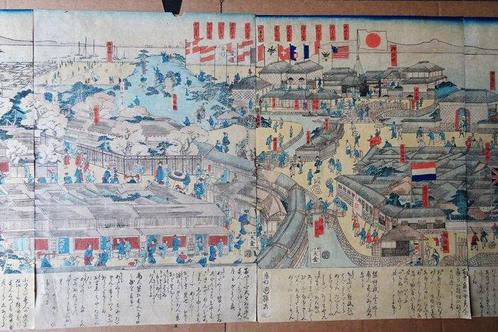 Rare Original Woodblock Print Pentaptych - View of Tsukiji, Antiek en Kunst, Antiek | Overige Antiek