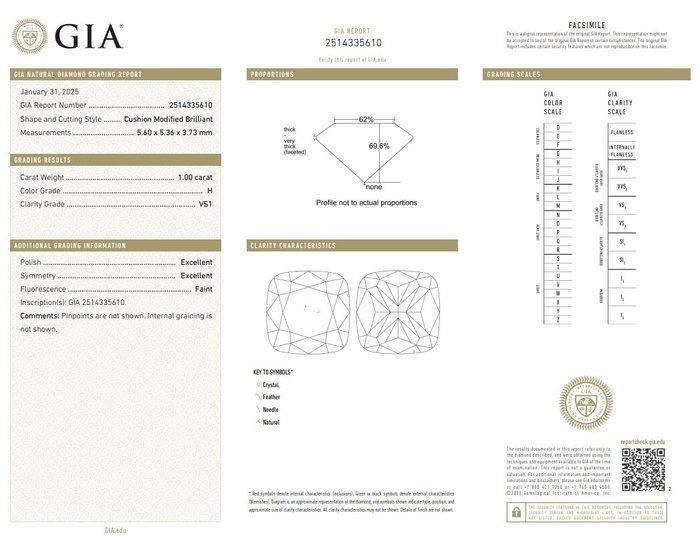 1 pcs Diamant (Natuurlijk) - 1.00 ct - Cushion - H - VS1 -, Sieraden, Tassen en Uiterlijk, Edelstenen