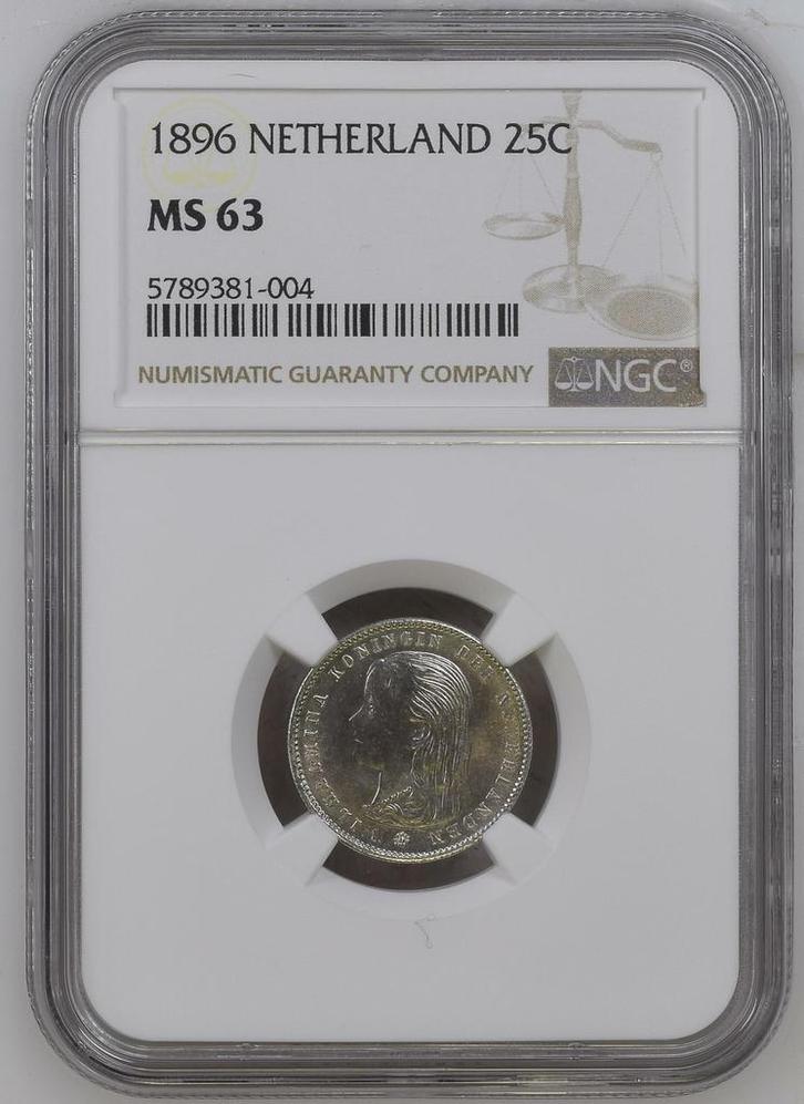 Koningin Wilhelmina 25 cent 1896 MS63 gecertificeerd NGC, Postzegels en Munten, Munten | Nederland, Losse munt, 25 cent, Koningin Wilhelmina