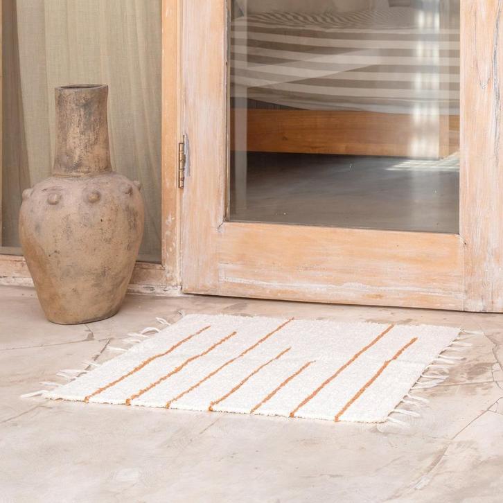 Vloerkleed van wit katoen met bruine strepen 64x51 cm Handge, Huis en Inrichting, Woonaccessoires | Wanddecoraties, Nieuw, Verzenden