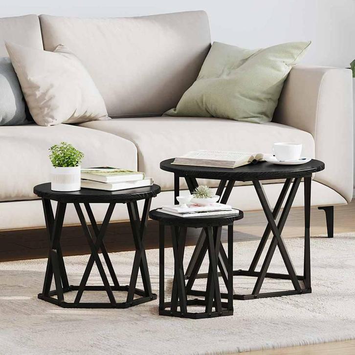 vidaXL Nestbare Bijzettafel 3 pcs Zwart eiken 53 x 53 x 40, Huis en Inrichting, Tafels | Salontafels, Rond, Nieuw, Overige houtsoorten