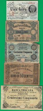 Italië. - 5 banknotes from 19th century Italian State Banks, Postzegels en Munten, Munten | Nederland