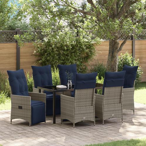 vidaXL 7-delige tuinset met kussens grijs poly riet, Tuin en Terras, Tuintafels, Nieuw, Metaal, Verzenden