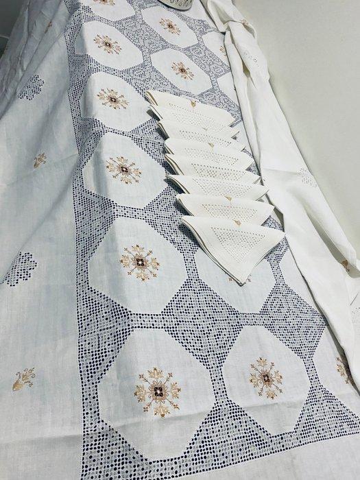 Vintage nappe en lin et 8 serviettes - Tafelservies - Linnen, Antiek en Kunst, Antiek | Meubels | Tafels