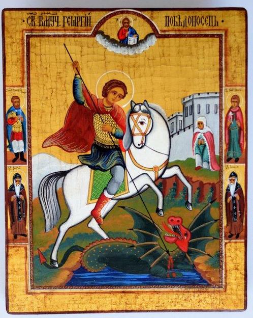 Icoon - RUSSISCH ORTHODOX ICOON SINT JORIS hout, tempera,, Antiek en Kunst, Antiek | Boeken en Bijbels