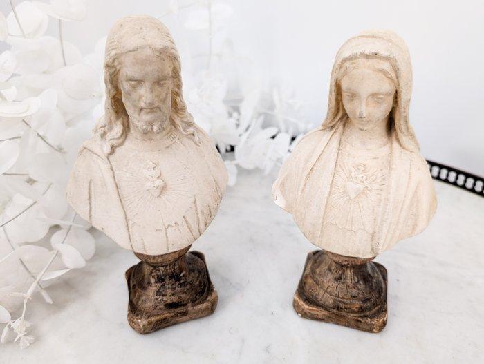 Buste, Paire de Bustes - Jésus et Marie - 20 cm - Gips, Antiek en Kunst, Kunst | Niet-Westerse kunst