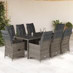 vidaXL 9-delige Bistroset met kussens poly rattan grijs, Tuin en Terras, Verzenden, Nieuw, Rotan, 8 zitplaatsen