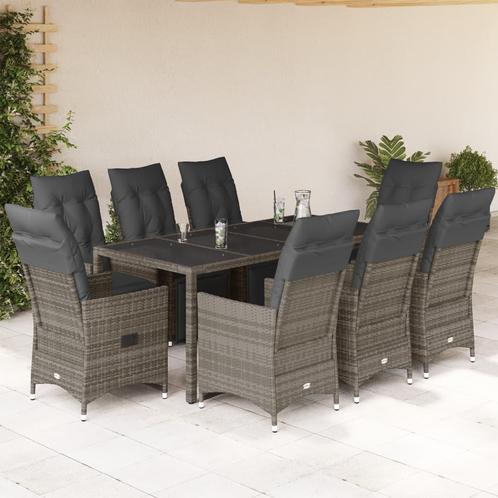 vidaXL 9-delige Bistroset met kussens poly rattan grijs, Tuin en Terras, Tuinsets en Loungesets, Nieuw, 8 zitplaatsen, Rotan, Verzenden