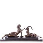 Figuur - Bronze Skulptur Art Déco Frau mit Gazelle – Stempel, Antiek en Kunst