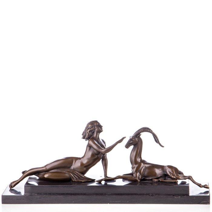 Figuur - Bronze Skulptur Art Déco Frau mit Gazelle – Stempel, Antiek en Kunst, Curiosa en Brocante