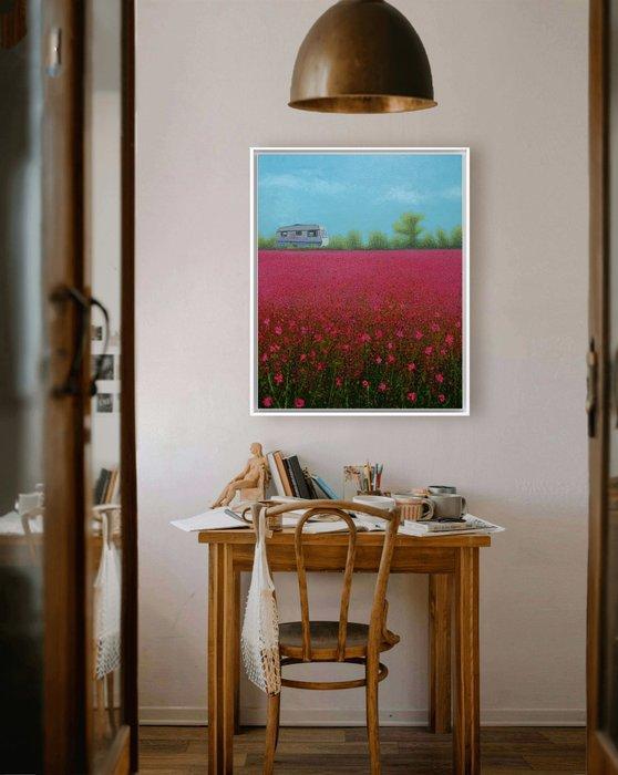 Paco Guzmán - Caravana en campo de amapolas, Antiek en Kunst, Kunst | Schilderijen | Modern