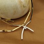 Bicolor gouden staafjes collier met vaste hanger en diamant, Gebruikt, Overige kleuren, Ophalen of Verzenden, Met edelsteen