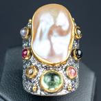 Prachtige ring met Keshi-parel en gekleurde tormalijn -
