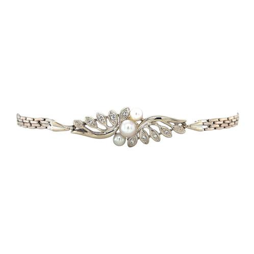 Witgouden armband met parel en diamant 17.5 cm 14 krt, Sieraden, Tassen en Uiterlijk, Armbanden, Wit, Zo goed als nieuw, Met edelsteen