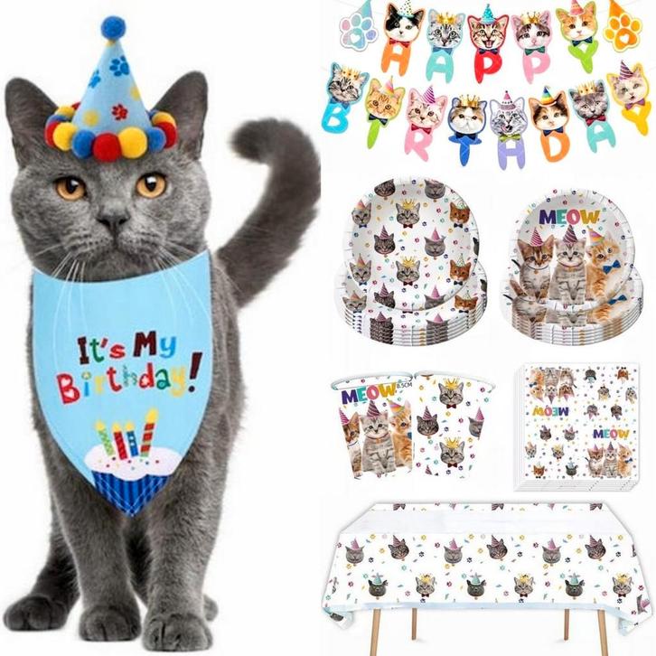 Katten verjaardags decoratie pakket blauw 54-delig, Dieren en Toebehoren, Katten-accessoires, Nieuw, Verzenden