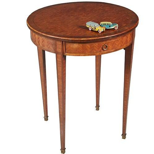 Ronde bijzettafel met lade en uitbundig ingelegd blad ca 187, Antiek en Kunst, Antiek | Meubels | Tafels, Ophalen of Verzenden