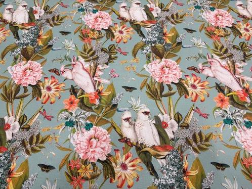 Tropisch paradijs: biologisch katoen met papegaaien en, Antiek en Kunst, Antiek | Kleden en Textiel