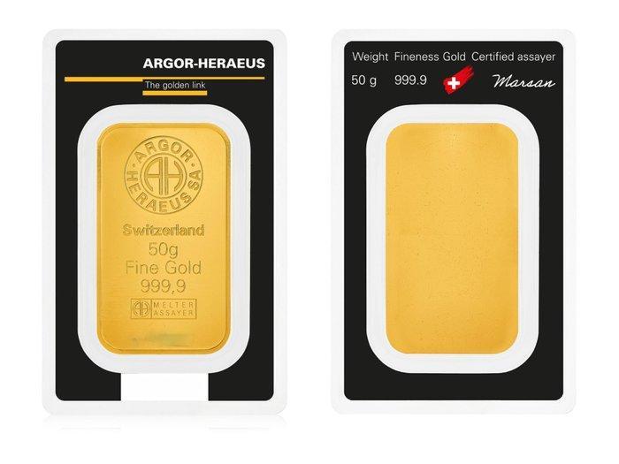 50 gram - Goud .999 - Argor-Heraeus - Verzegeld en met, Postzegels en Munten, Edelmetalen en Baren