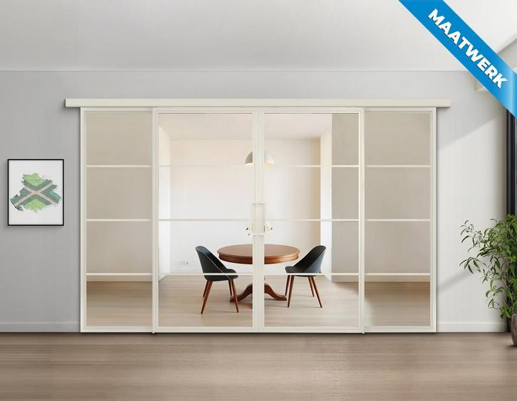 Dubbele stalen Schuifdeuren met koofsysteem en glaspanelen 4, Doe-het-zelf en Verbouw, Kozijnen en Schuifpuien, Nieuw, Inclusief glas