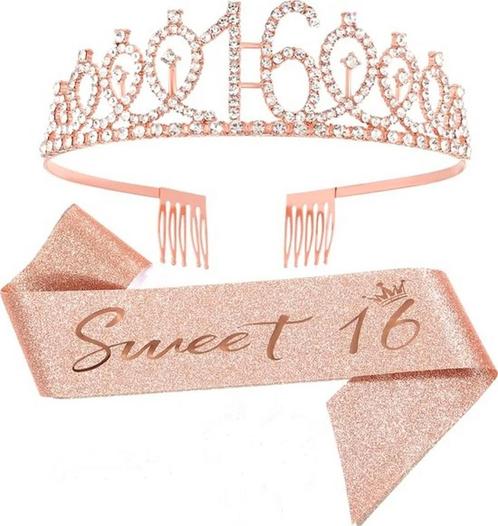 Sweet Sixteen set met diadeem en sjerp deLuxe rosé goud, Hobby en Vrije tijd, Feestartikelen, Verjaardag, Nieuw, Versiering, Verzenden