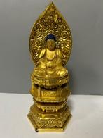 Fine sculptured Amida Nyorai statue sitting on lotus base -