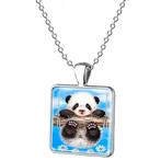Fako Bijoux® - Ketting - Cabochon - Vierkant - Panda - Blauw, Verzenden, Nieuw
