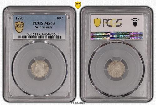 Koningin Wilhelmina 10 cent 1892 PCGS MS63 gecertificeerd, Postzegels en Munten, Munten | Nederland, Losse munt, 10 cent, Koningin Wilhelmina