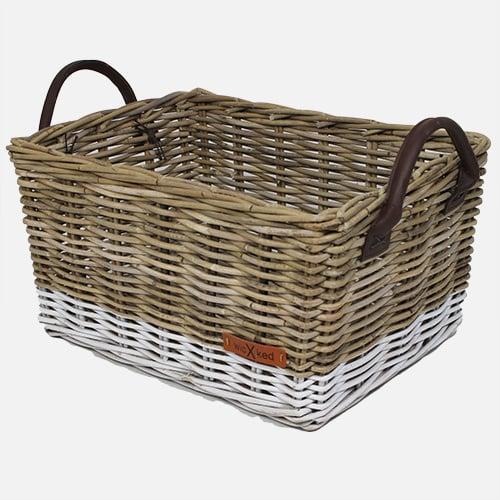 Wicked Rieten Fietsmand met leren hengsels Grijs Wit, Fietsen en Brommers, Fietsaccessoires | Fietsmanden, Nieuw, Verzenden