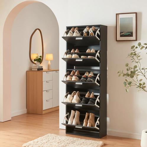 Schoenenkast Sykkylven 5 kleppen zwart 169x60x24 cm [en.casa, Huis en Inrichting, Kasten | Schoenenkasten, Nieuw, Verzenden