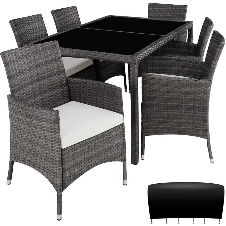 Wicker zitgroep Porto 6+1 met beschermhoes - grijs/wit, Tuin en Terras, Tuinsets en Loungesets, Verzenden