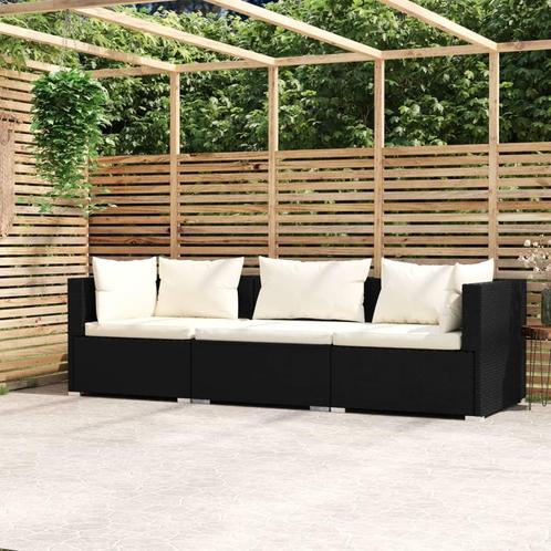 vidaXL Driezitsbank met kussens poly rattan zwart, Tuin en Terras, Tuinsets en Loungesets, Nieuw, Rotan, Verzenden