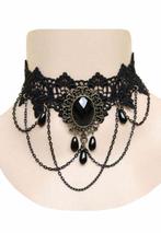 Choker Zwart Kant Kraaltjes Kettinkjes 4 Kanten Zwarte Colla, Kunststof, Verstelbaar, Zwart, Nieuw