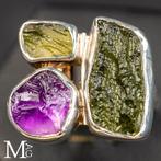 Zilveren ring met amethist en moldaviet - gecertificeerd