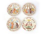 4 Polychrome aardewerk borden religieuze beeltenis, 19e eeuw, Antiek en Kunst