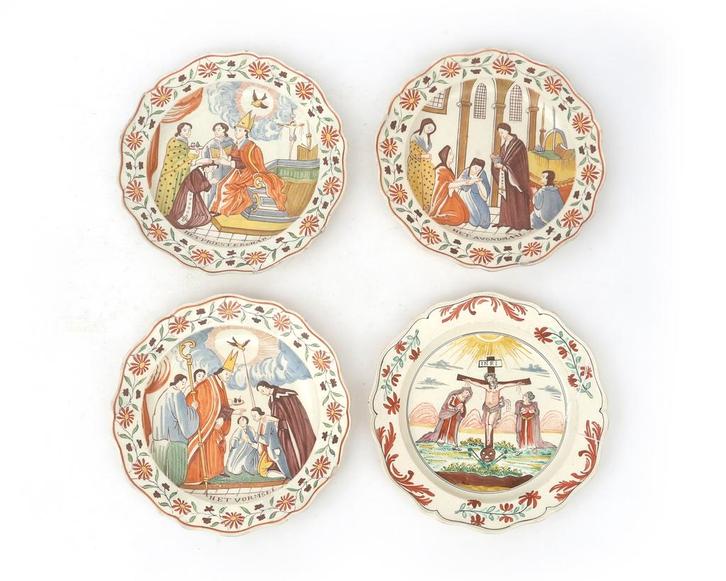 4 Polychrome aardewerk borden religieuze beeltenis, 19e eeuw, Antiek en Kunst, Antiek | Keramiek en Aardewerk
