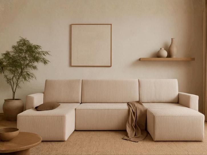 U Slaapbank Monza Zand - 4 zits met opbergruimte, Huis en Inrichting, Slaapkamer | Slaapbanken, Overige kleuren, Verzenden