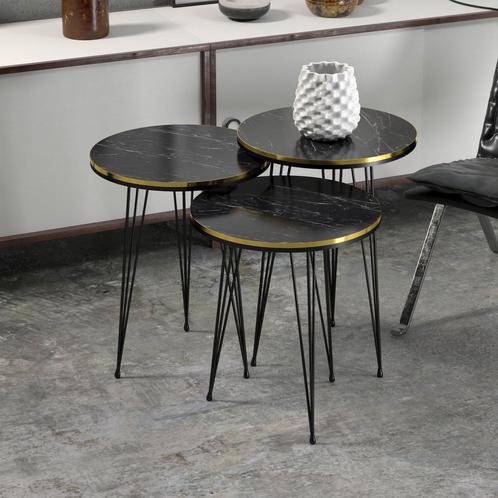 [en.casa] Bijzettafel Ryslinge set van 3 rond marmer zwart,, Huis en Inrichting, Tafels | Bijzettafels, Nieuw, Verzenden