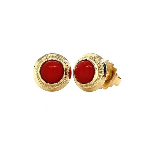 Gouden solitair oorstekers met bloedkoraal 14 krt, Sieraden, Tassen en Uiterlijk, Oorbellen, Nieuw, Ophalen of Verzenden
